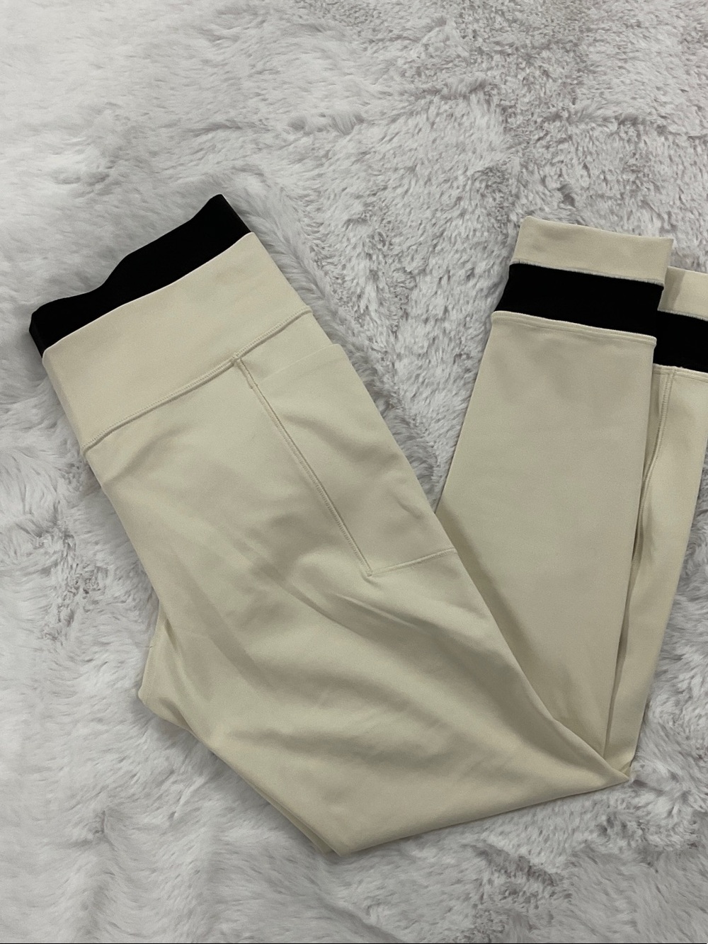 Athleta Cream Leggings with Black Waistband and Ankle Trim